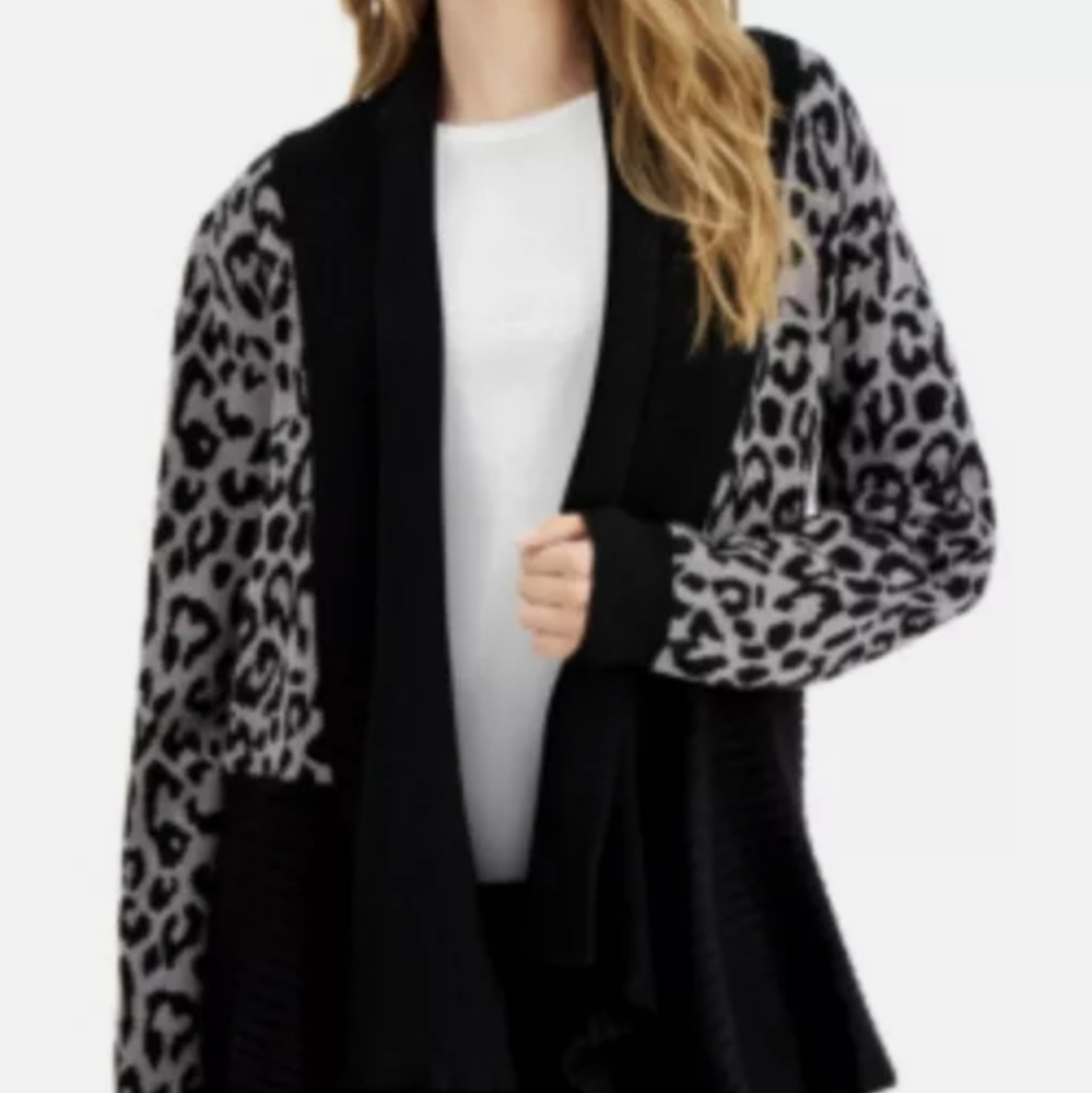 Cozy Knit  Macy's Fever Gray Leopard Printed Waterfall Cardigan Sweater